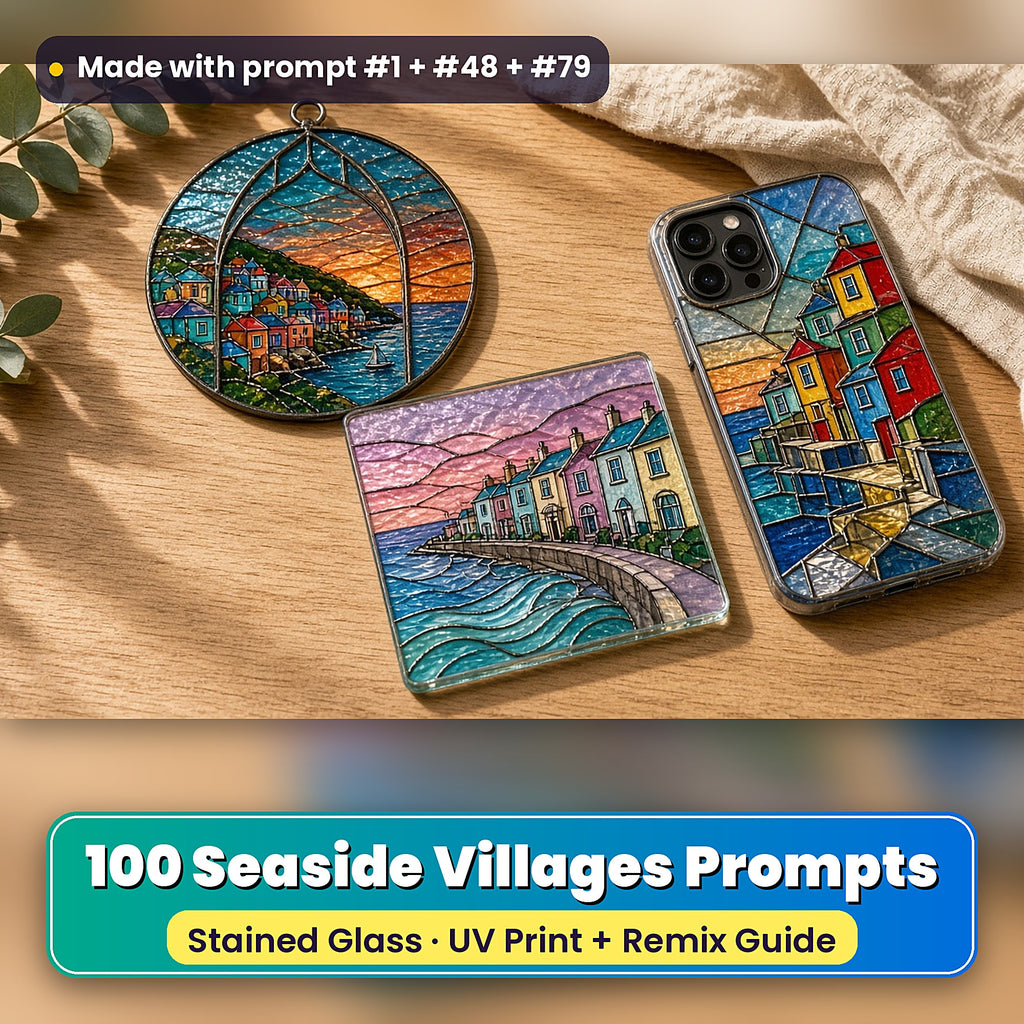Seaside Villages stained glass prompt pack: UV-printed suncatcher, coaster and phone case set mockup, made with prompt #1 + #48 + #79