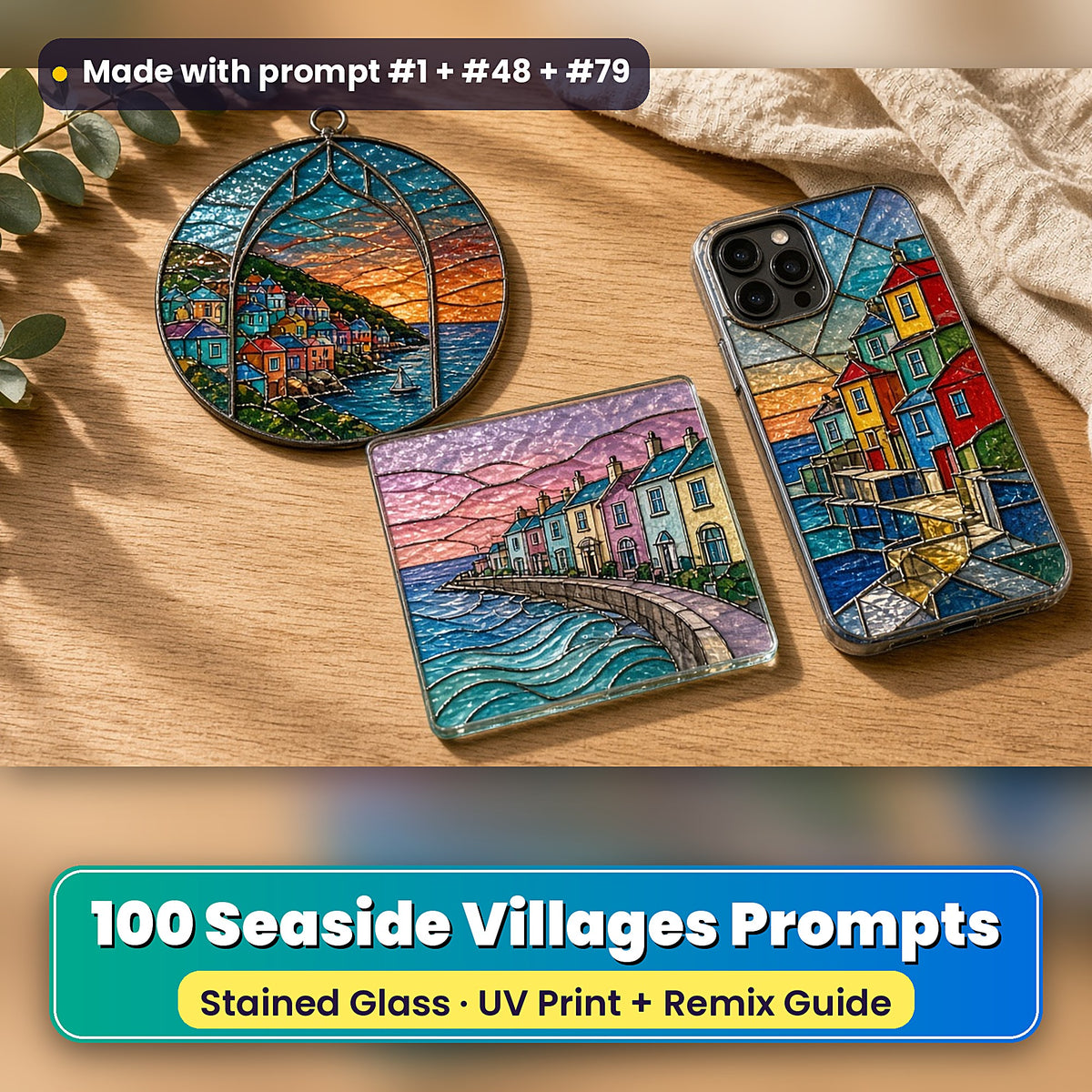 Seaside Villages stained glass prompt pack: UV-printed suncatcher, coaster and phone case set mockup, made with prompt #1 + #48 + #79