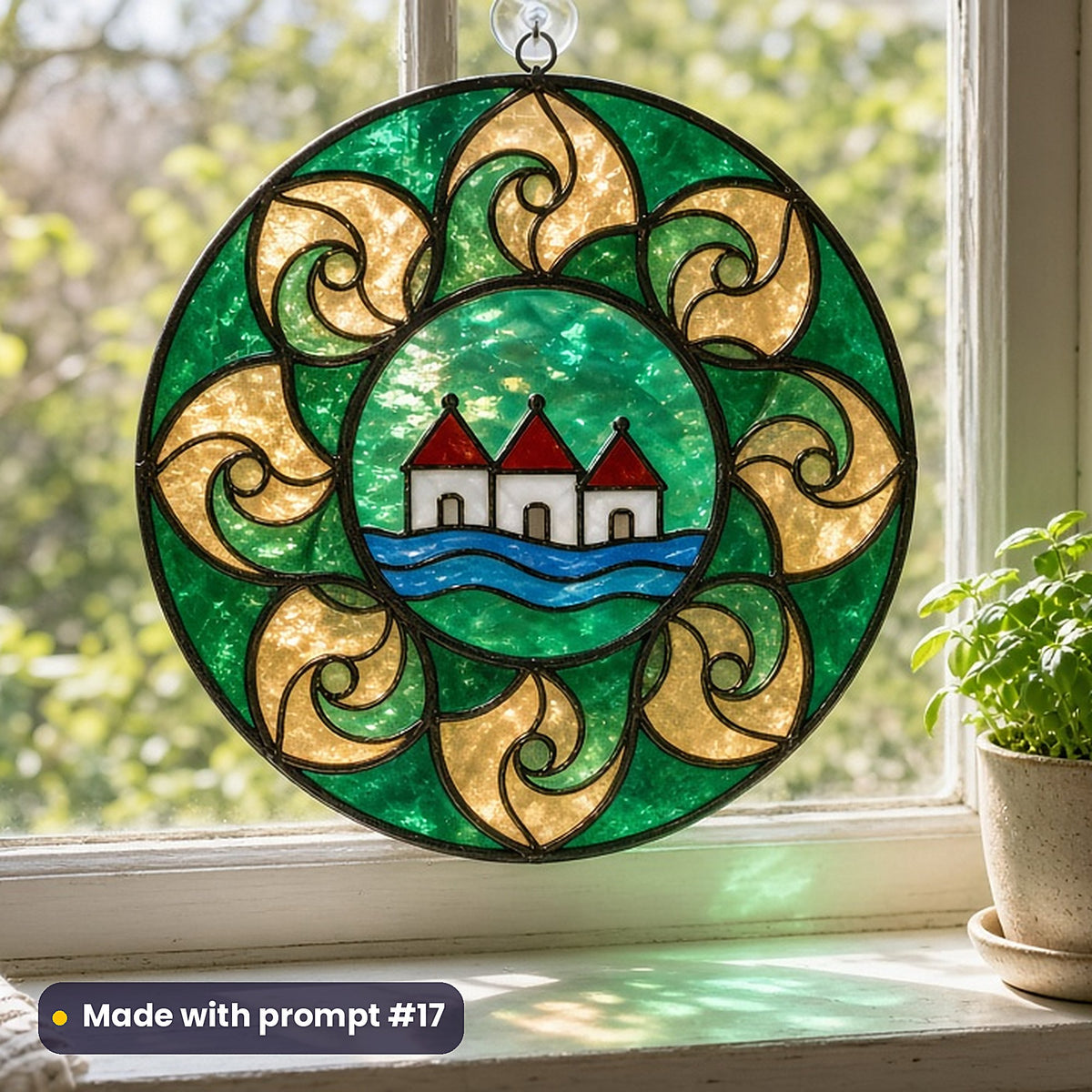 Seaside Villages stained glass prompt pack: UV-printed acrylic suncatcher in a window mockup, made with prompt #17