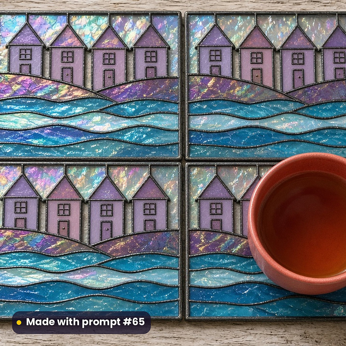 Seaside Villages stained glass prompt pack: set of UV-printed glass coasters mockup, made with prompt #65