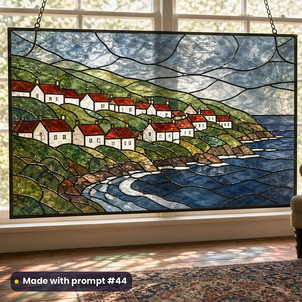 Seaside Villages stained glass prompt pack: UV-printed stained glass window panel mockup, made with prompt #44