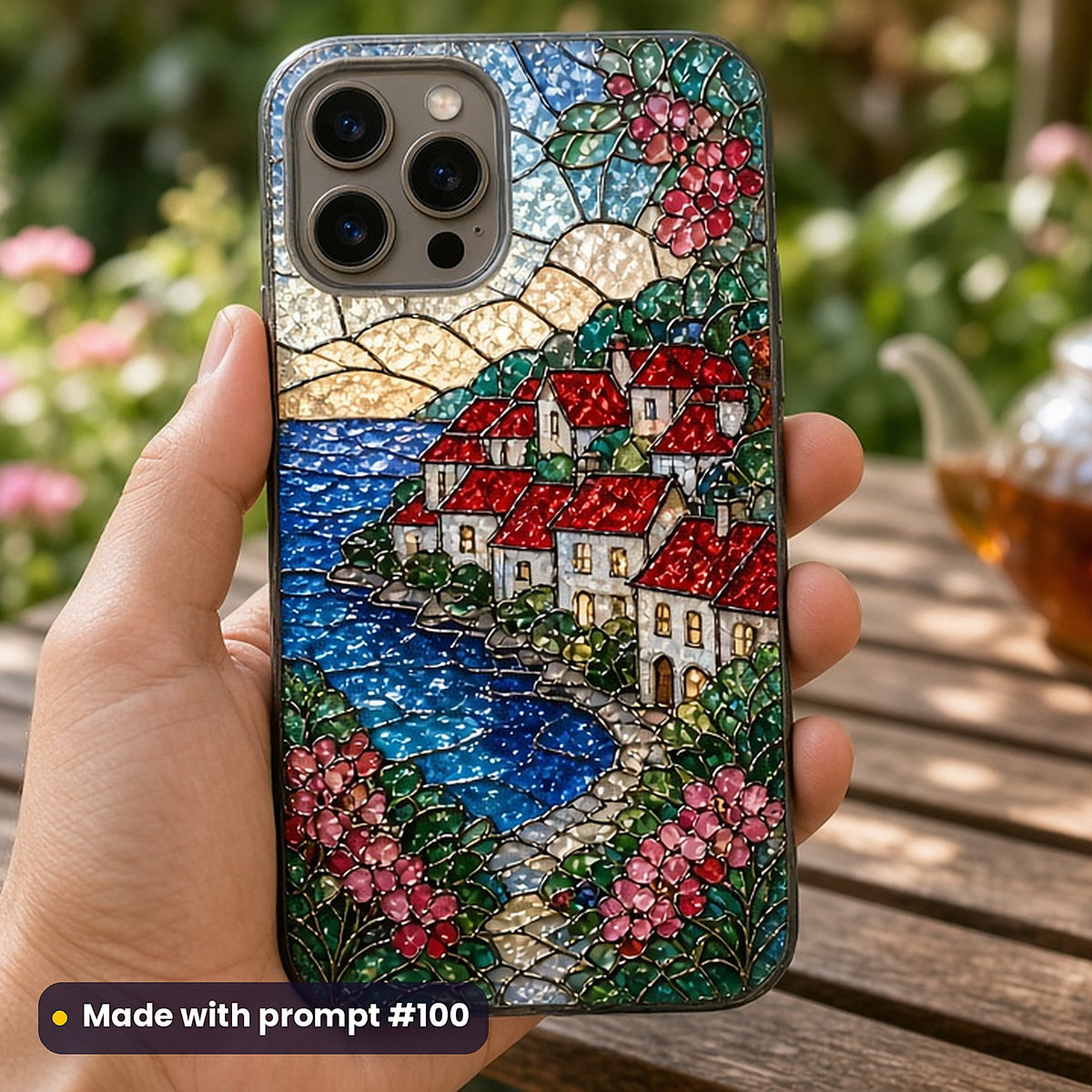 Seaside Villages stained glass prompt pack: UV-printed phone case mockup, made with prompt #100