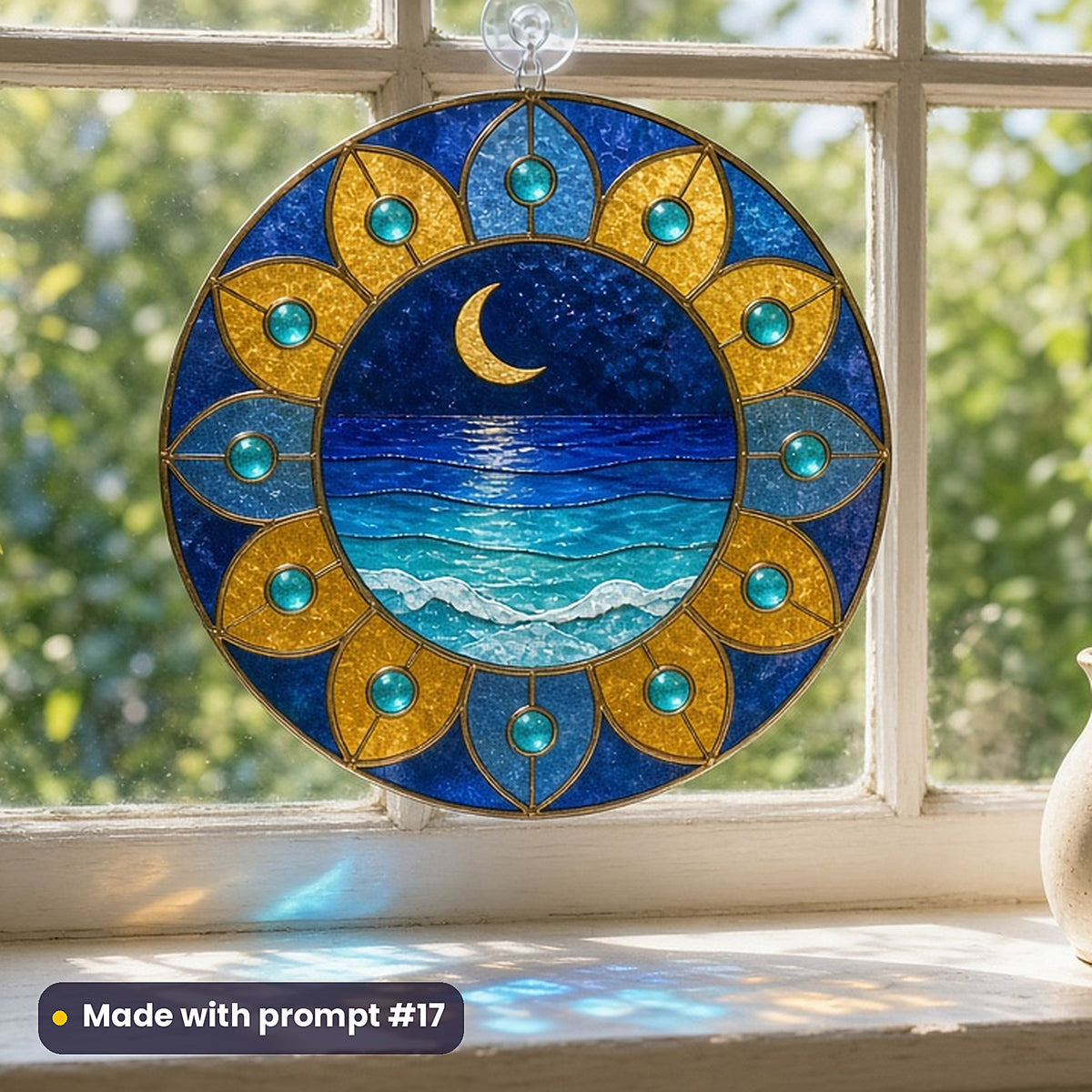 Waves and Sea Foam stained glass prompt pack: UV-printed acrylic suncatcher in a window mockup, made with prompt #17