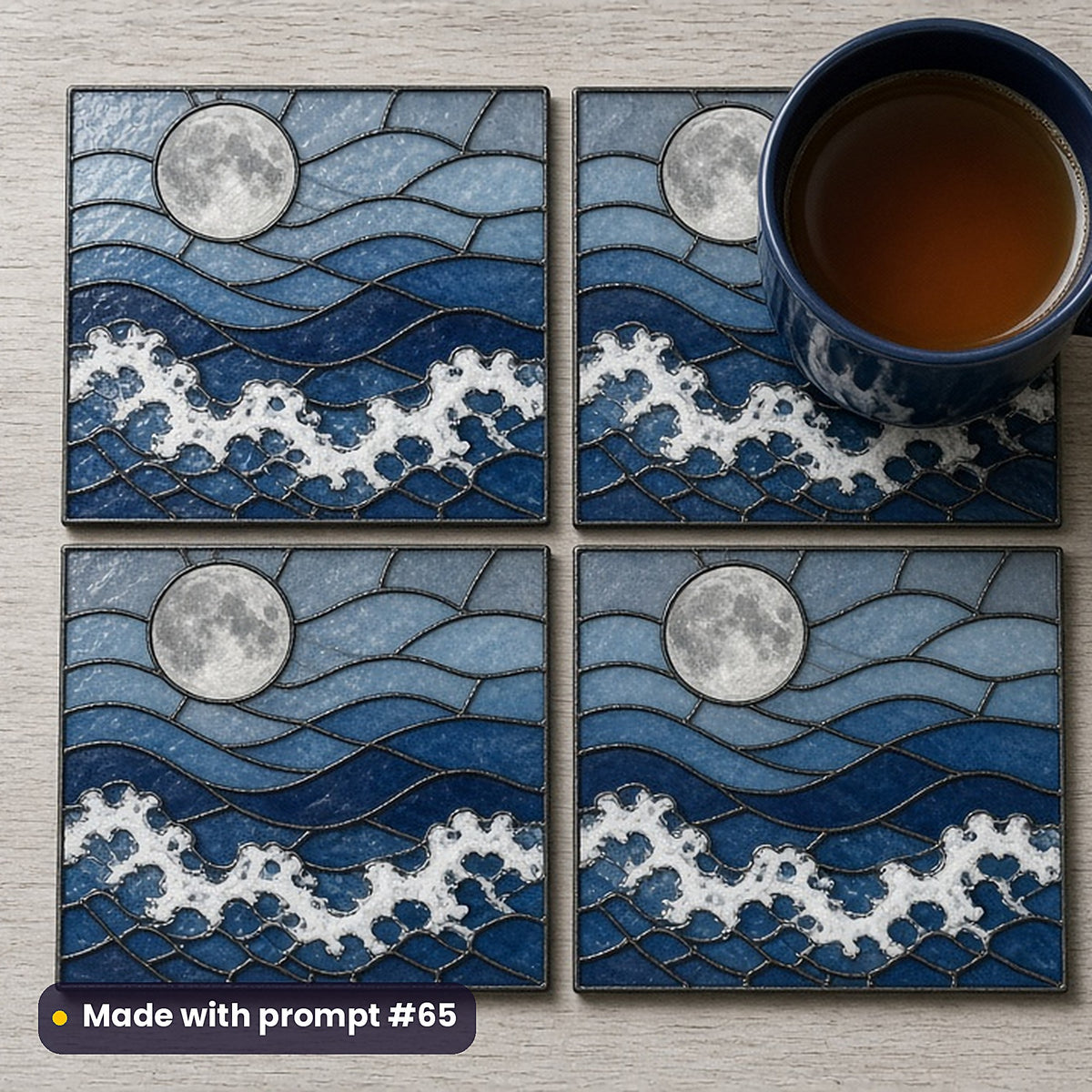 Waves and Sea Foam stained glass prompt pack: set of UV-printed glass coasters mockup, made with prompt #65