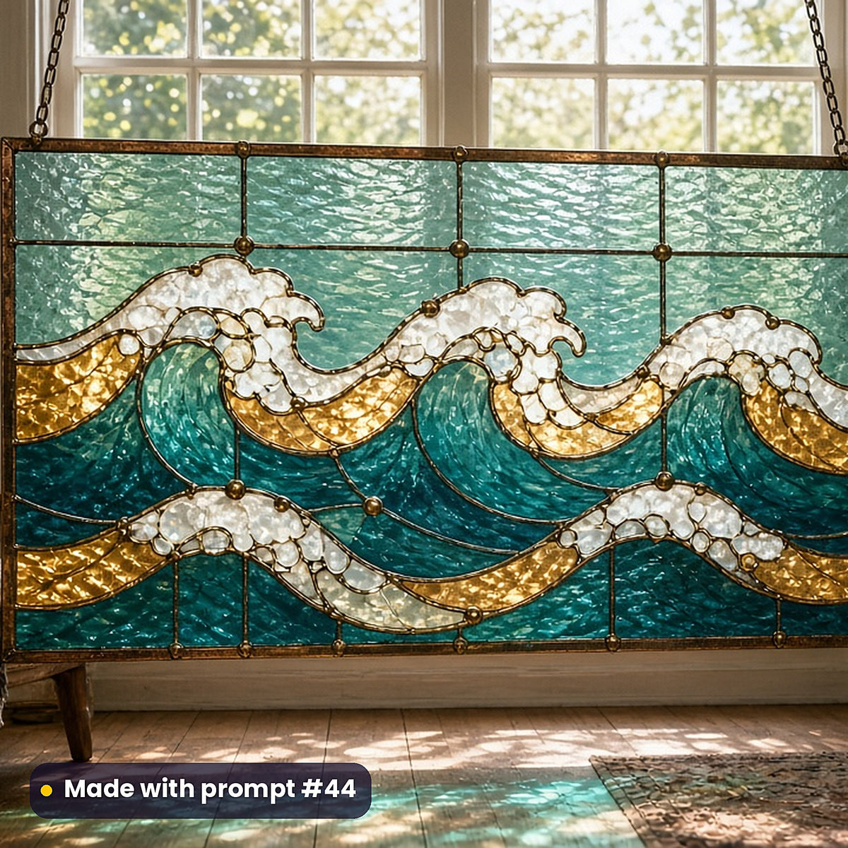 Waves and Sea Foam stained glass prompt pack: UV-printed stained glass window panel mockup, made with prompt #44