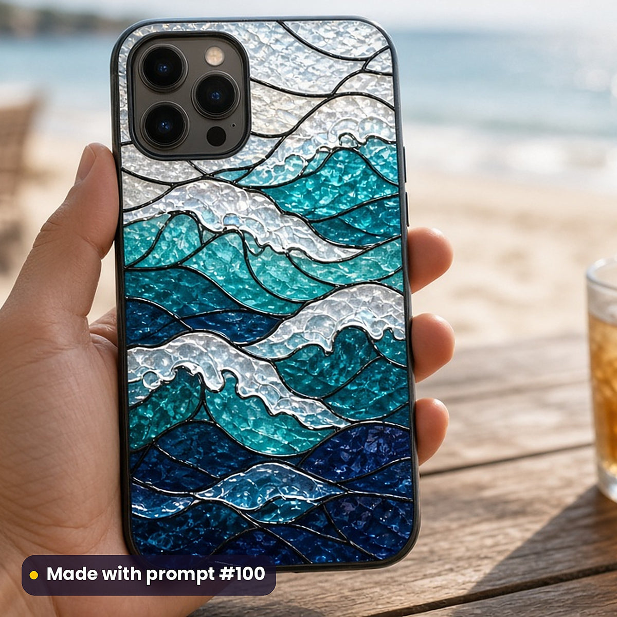 Waves and Sea Foam stained glass prompt pack: UV-printed phone case mockup, made with prompt #100