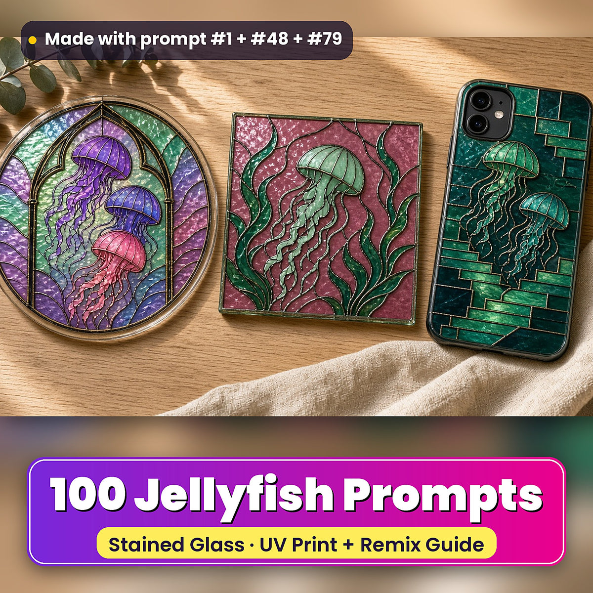Jellyfish stained glass prompt pack: UV-printed suncatcher, coaster and phone case set mockup, made with prompt #1 + #48 + #79