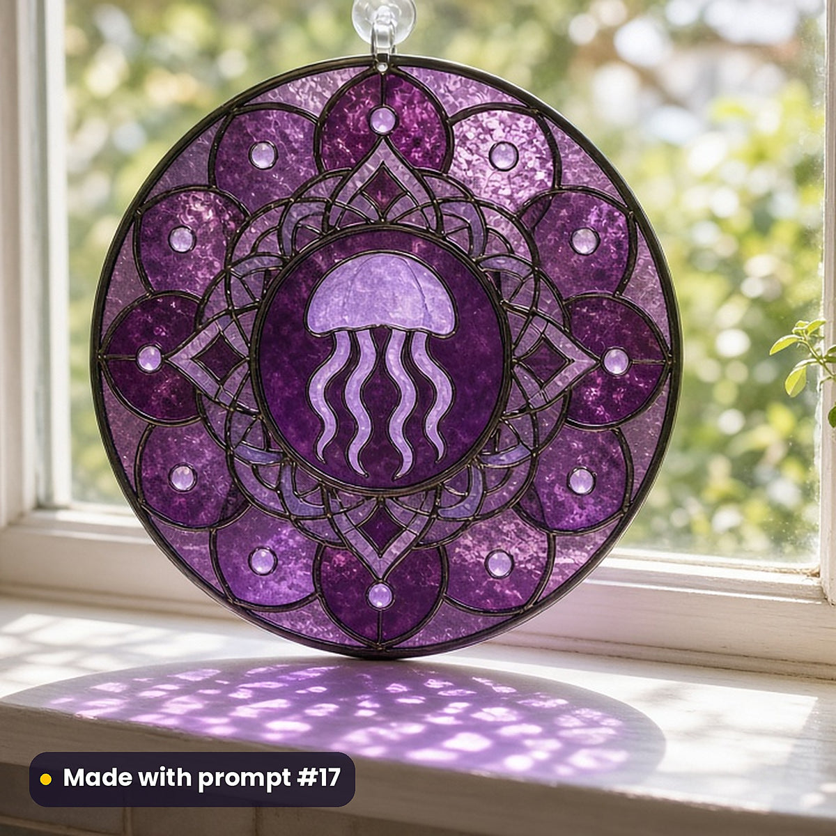 Jellyfish stained glass prompt pack: UV-printed acrylic suncatcher in a window mockup, made with prompt #17