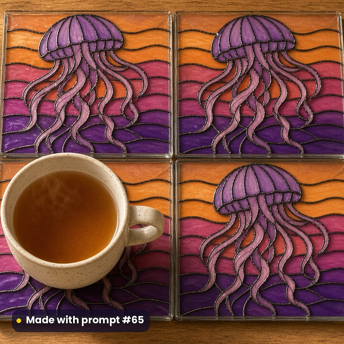 Jellyfish stained glass prompt pack: set of UV-printed glass coasters mockup, made with prompt #65