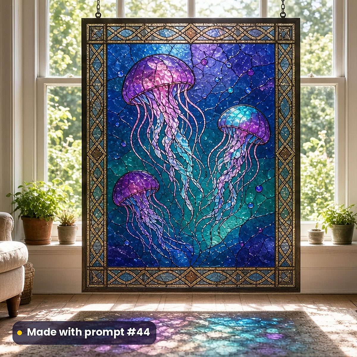 Jellyfish stained glass prompt pack: UV-printed stained glass window panel mockup, made with prompt #44