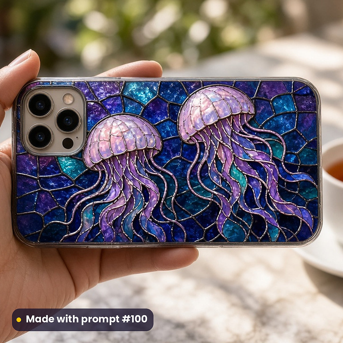 Jellyfish stained glass prompt pack: UV-printed phone case mockup, made with prompt #100