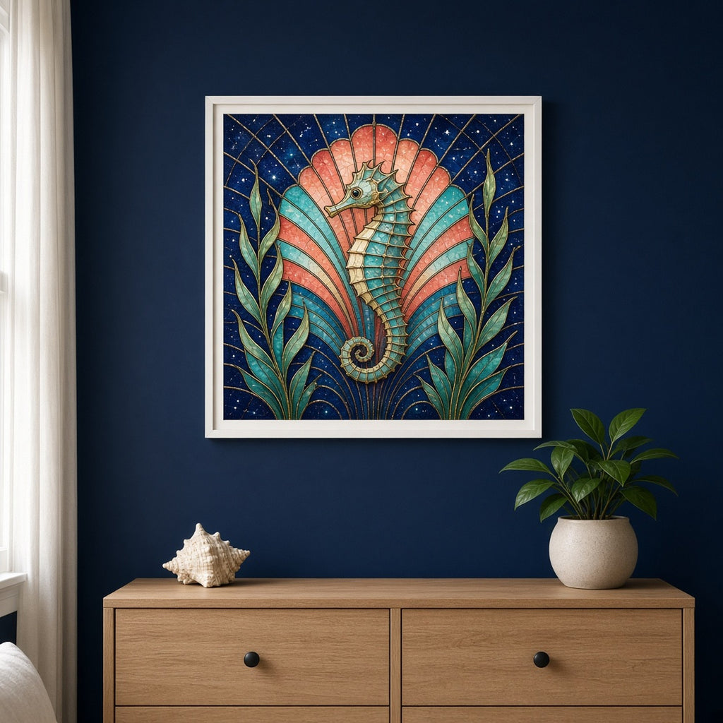 Seahorses printed flat on a framed print, made with prompt #9: a turquoise and cream seahorse in profile before a coral and teal Art Deco fan between swaying seagrass on a starry indigo glass background