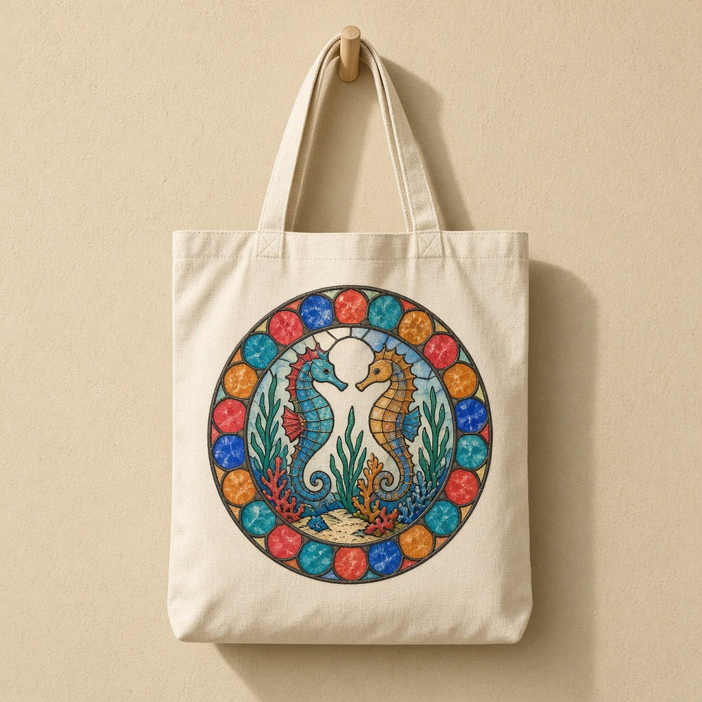 Seahorses printed flat on a tote bag, made with prompt #47: a blue and an orange seahorse facing each other among seagrass and red coral on a sandy seabed, inside a round window of coral, teal, cobalt and amber roundels