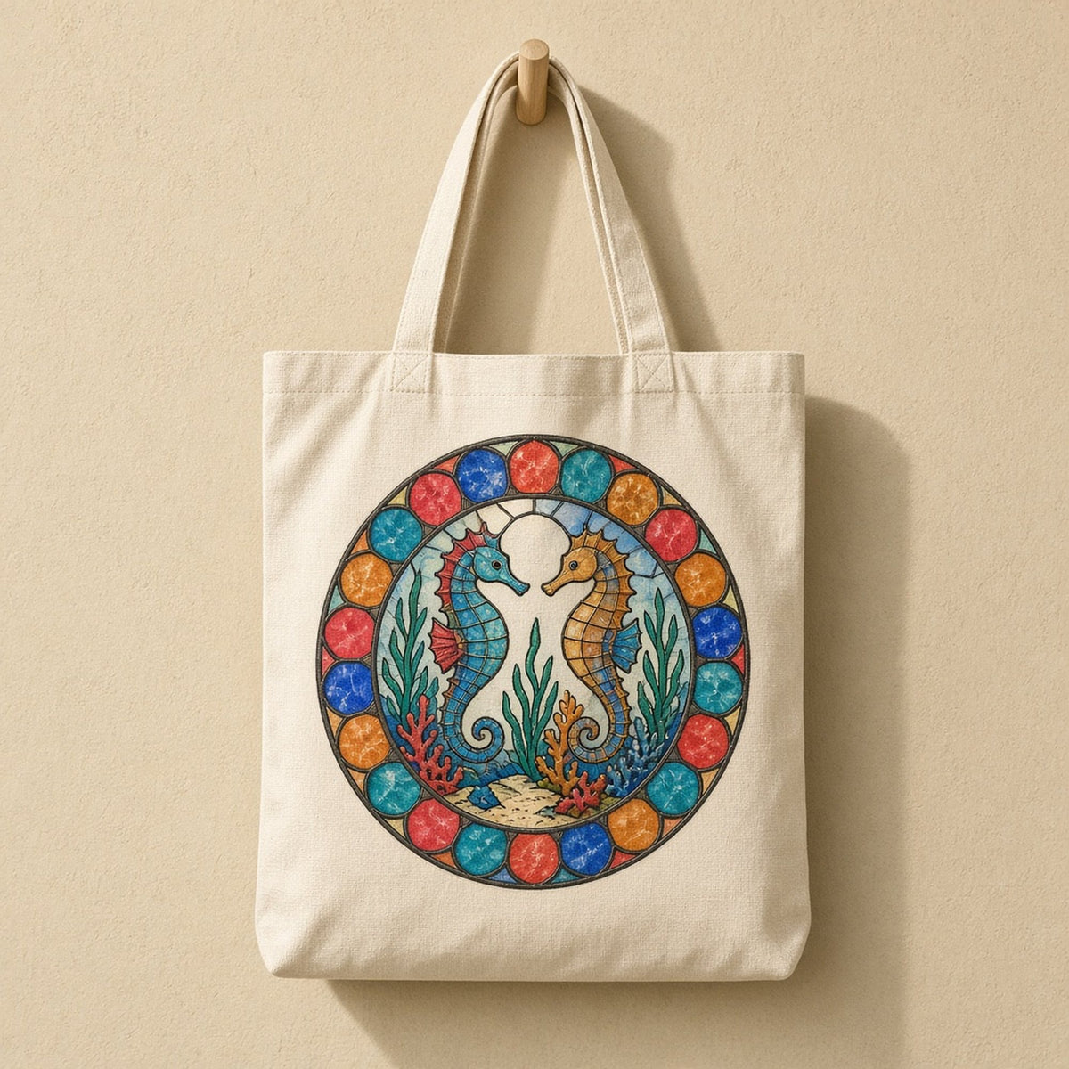 Seahorses printed flat on a tote bag, made with prompt #47: a blue and an orange seahorse facing each other among seagrass and red coral on a sandy seabed, inside a round window of coral, teal, cobalt and amber roundels