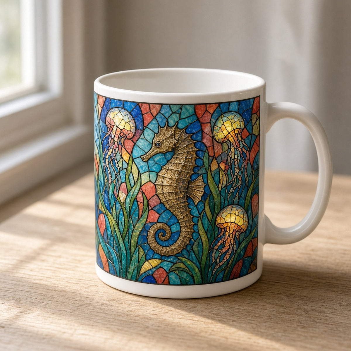 Seahorses printed flat on a mug, made with prompt #84: a brown seahorse among green seagrass with glowing yellow and coral jellyfish in a turquoise, cobalt and coral mosaic glass sea
