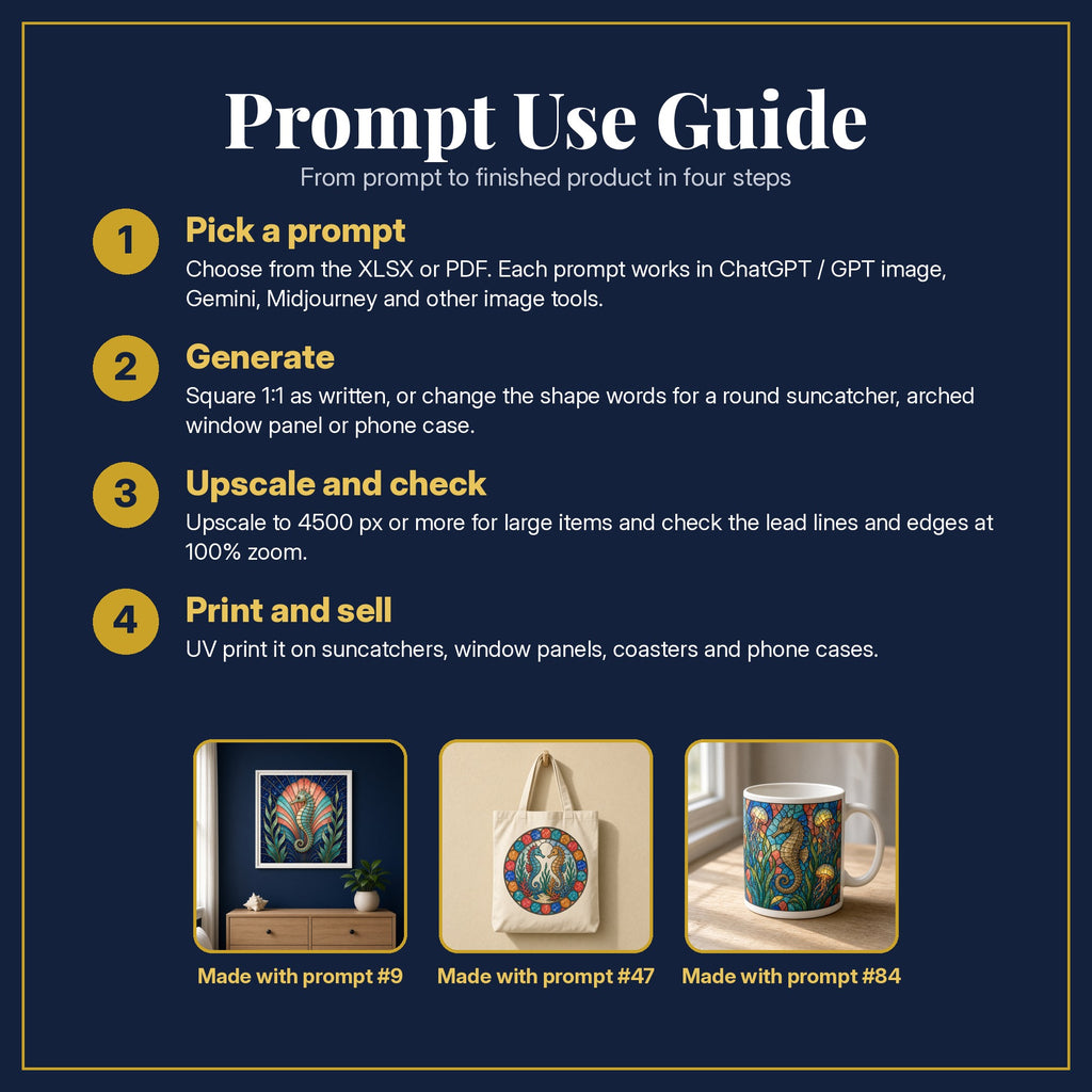 Prompt Use Guide for the Seahorses Stained Glass Prompt Pack: pick a prompt, generate, upscale and check, print and sell, with sample products made with the pack's prompts