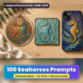 Seahorses stained glass prompt pack: UV-printed suncatcher, coaster and phone case set mockup, made with prompt #1 + #48 + #79