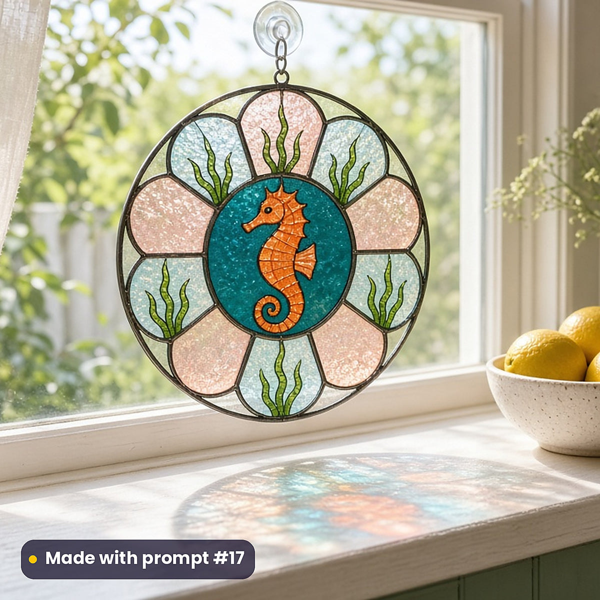 Seahorses stained glass prompt pack: UV-printed acrylic suncatcher in a window mockup, made with prompt #17