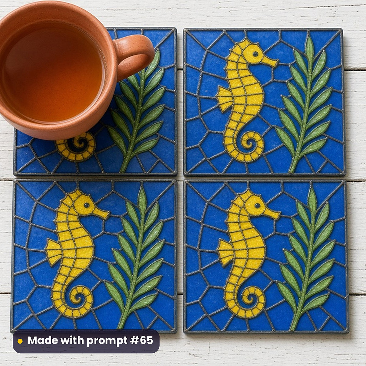 Seahorses stained glass prompt pack: set of UV-printed glass coasters mockup, made with prompt #65