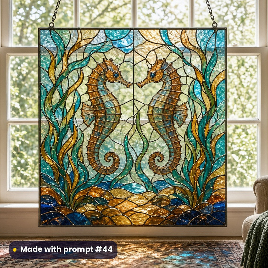 Seahorses stained glass prompt pack: UV-printed stained glass window panel mockup, made with prompt #44