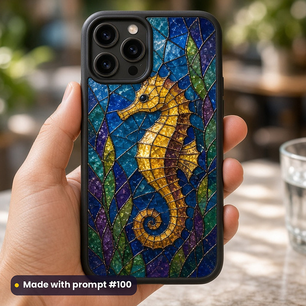 Seahorses stained glass prompt pack: UV-printed phone case mockup, made with prompt #100