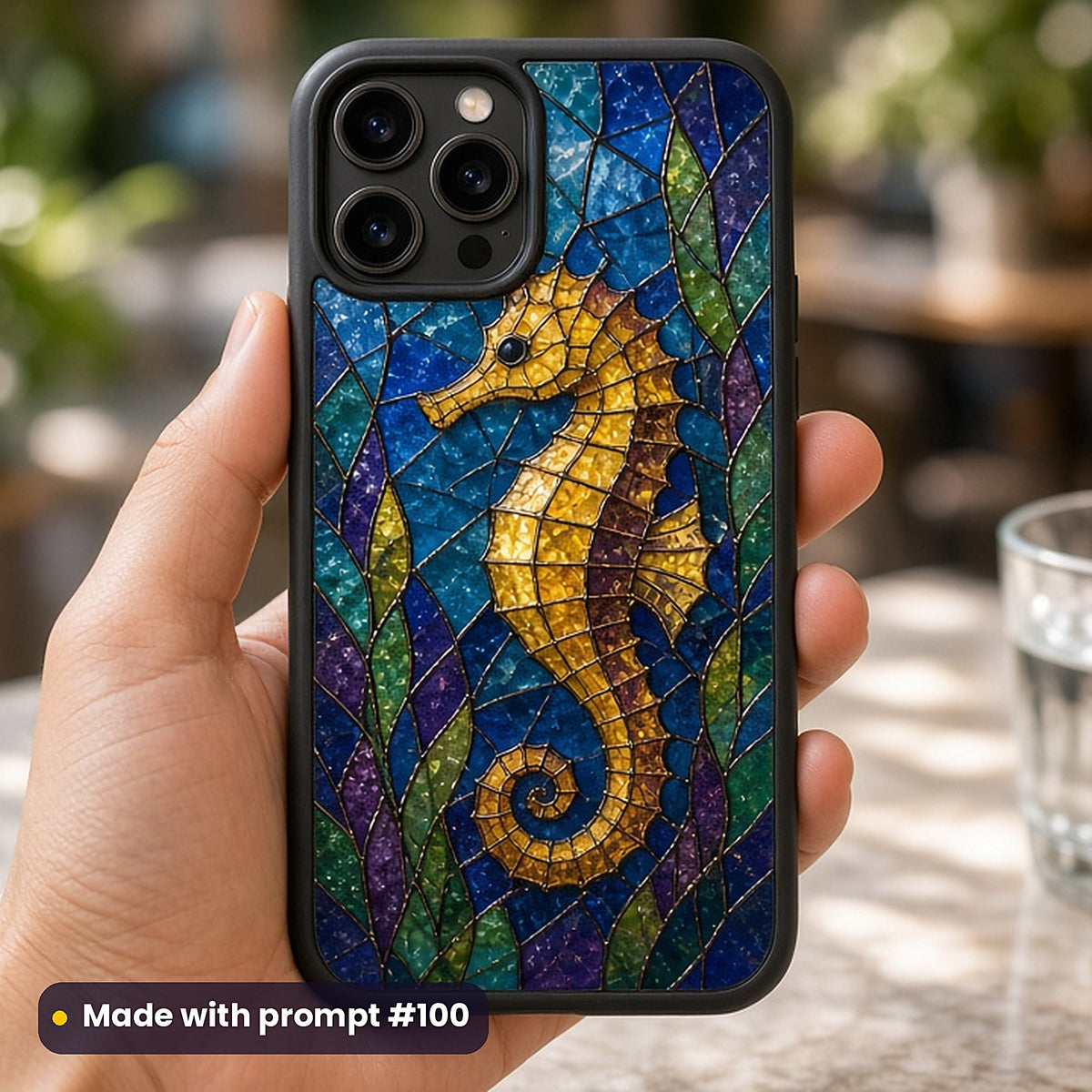 Seahorses stained glass prompt pack: UV-printed phone case mockup, made with prompt #100