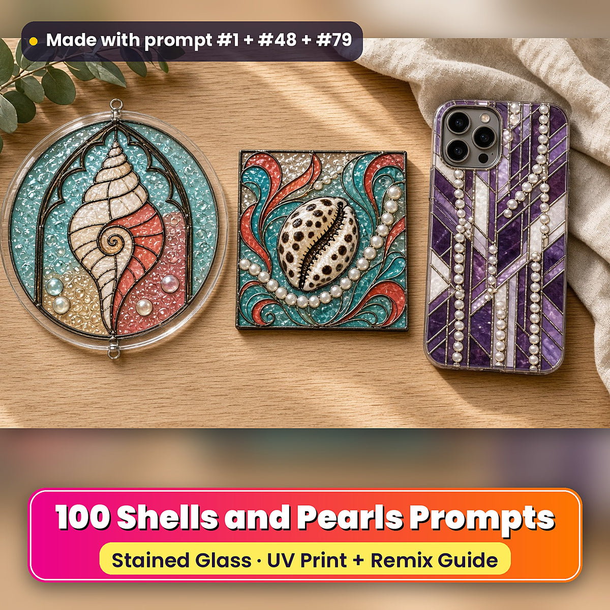 Shells and Pearls stained glass prompt pack: UV-printed suncatcher, coaster and phone case set mockup, made with prompt #1 + #48 + #79