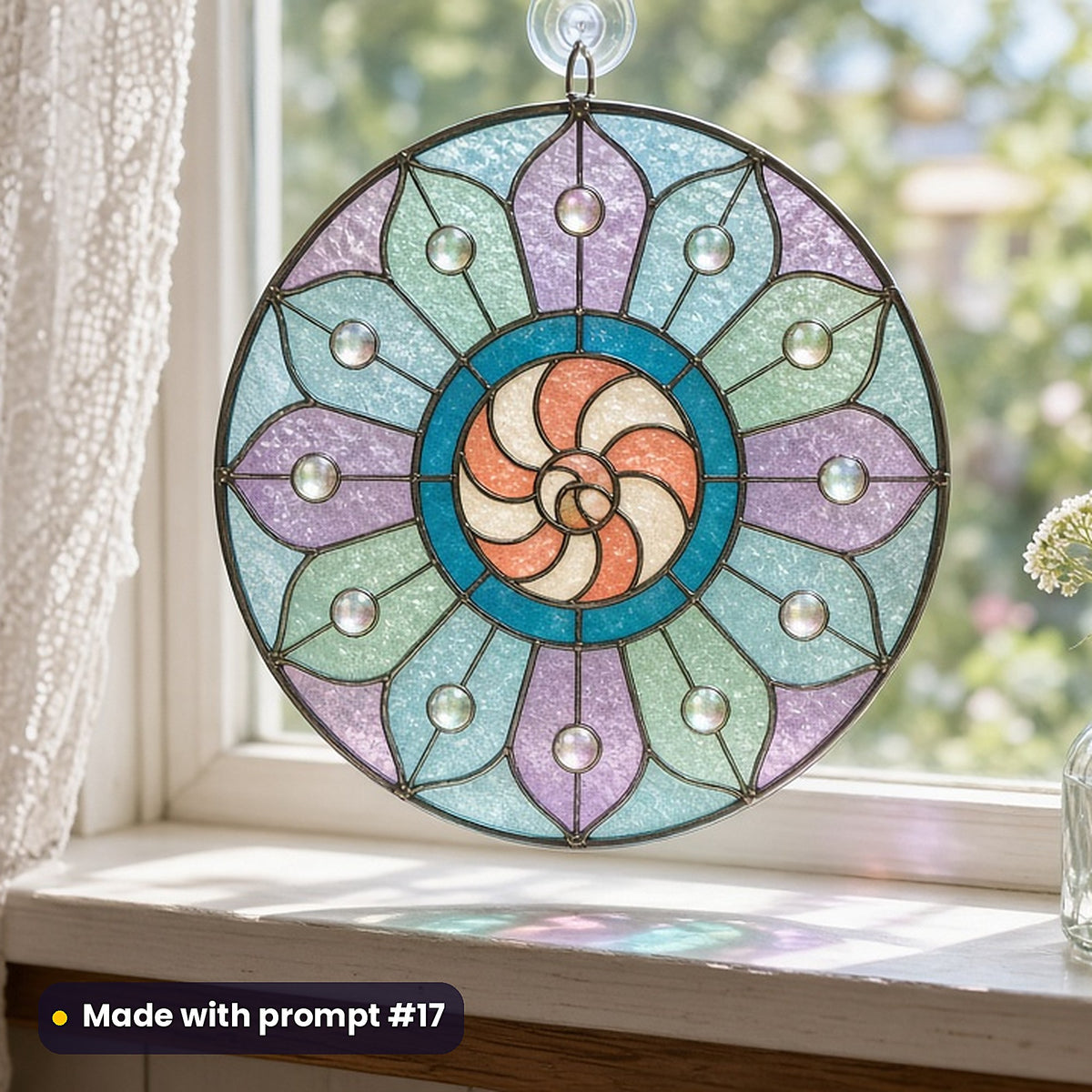 Shells and Pearls stained glass prompt pack: UV-printed acrylic suncatcher in a window mockup, made with prompt #17