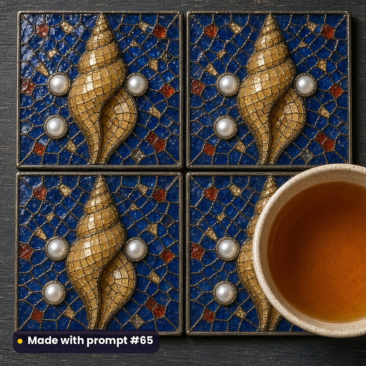 Shells and Pearls stained glass prompt pack: set of UV-printed glass coasters mockup, made with prompt #65