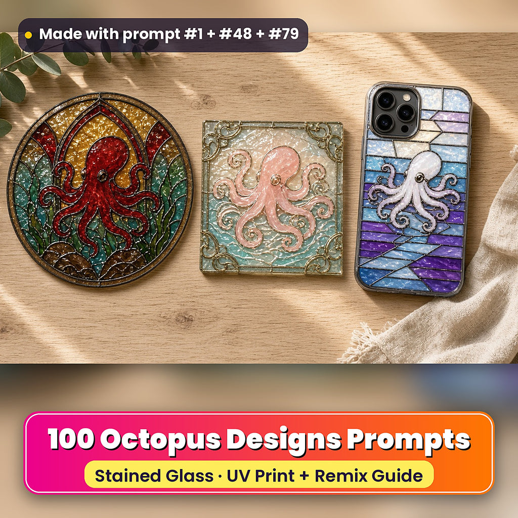 Octopus Designs stained glass prompt pack: UV-printed suncatcher, coaster and phone case set mockup, made with prompt #1 + #48 + #79
