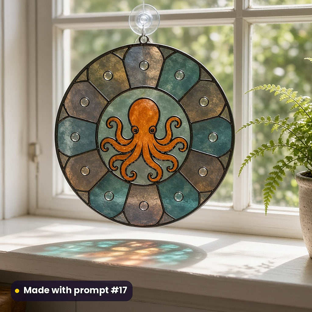 Octopus Designs stained glass prompt pack: UV-printed acrylic suncatcher in a window mockup, made with prompt #17