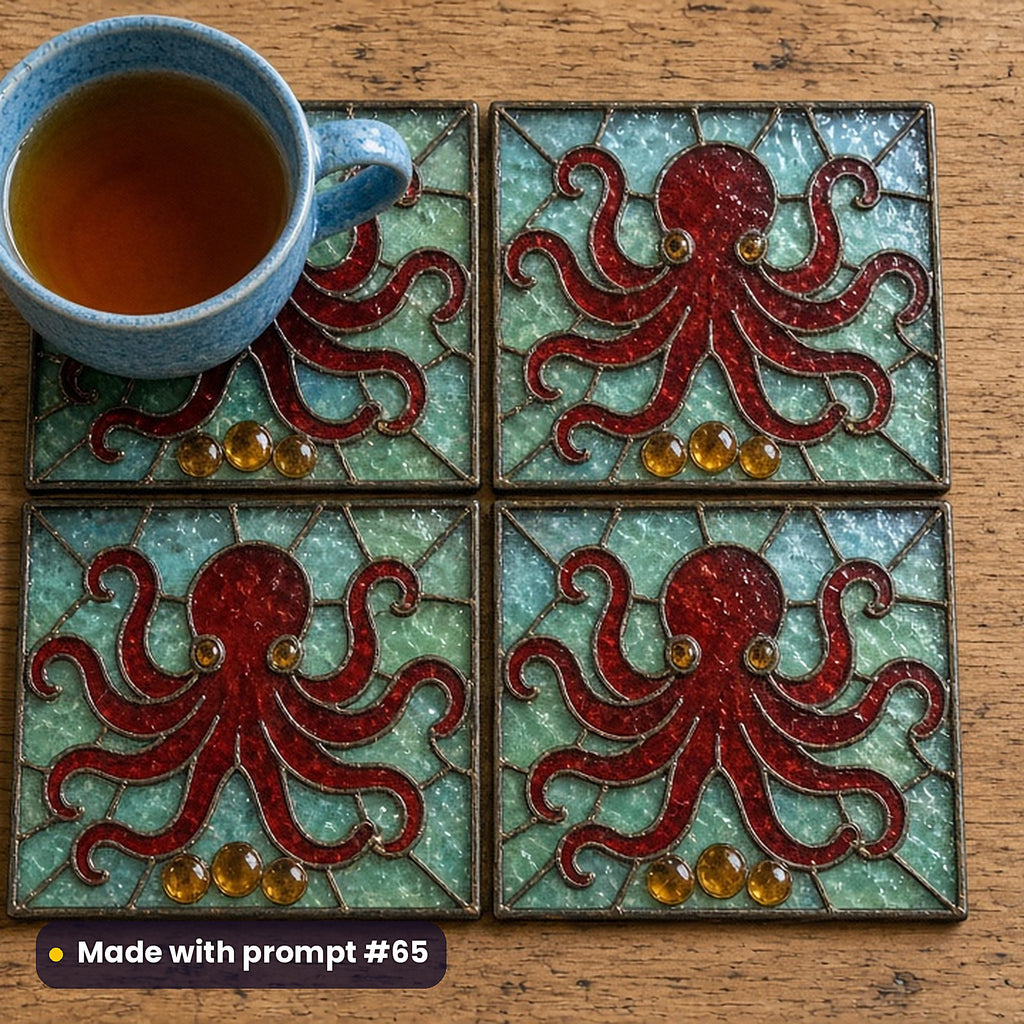 Octopus Designs stained glass prompt pack: set of UV-printed glass coasters mockup, made with prompt #65