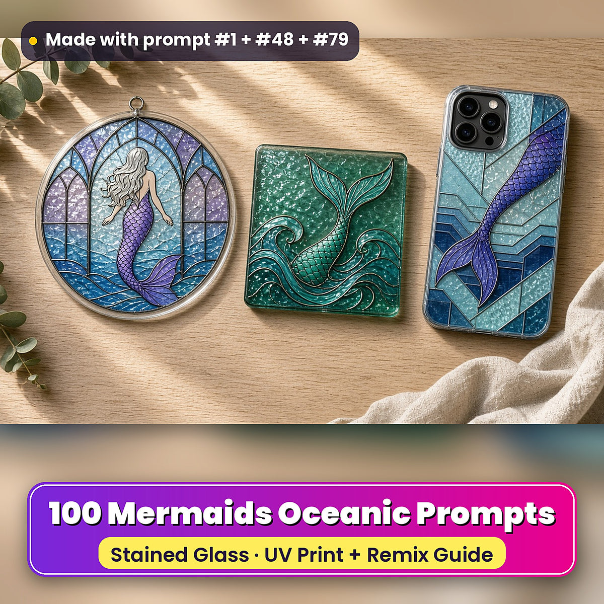 Mermaids Oceanic stained glass prompt pack: UV-printed suncatcher, coaster and phone case set mockup, made with prompt #1 + #48 + #79