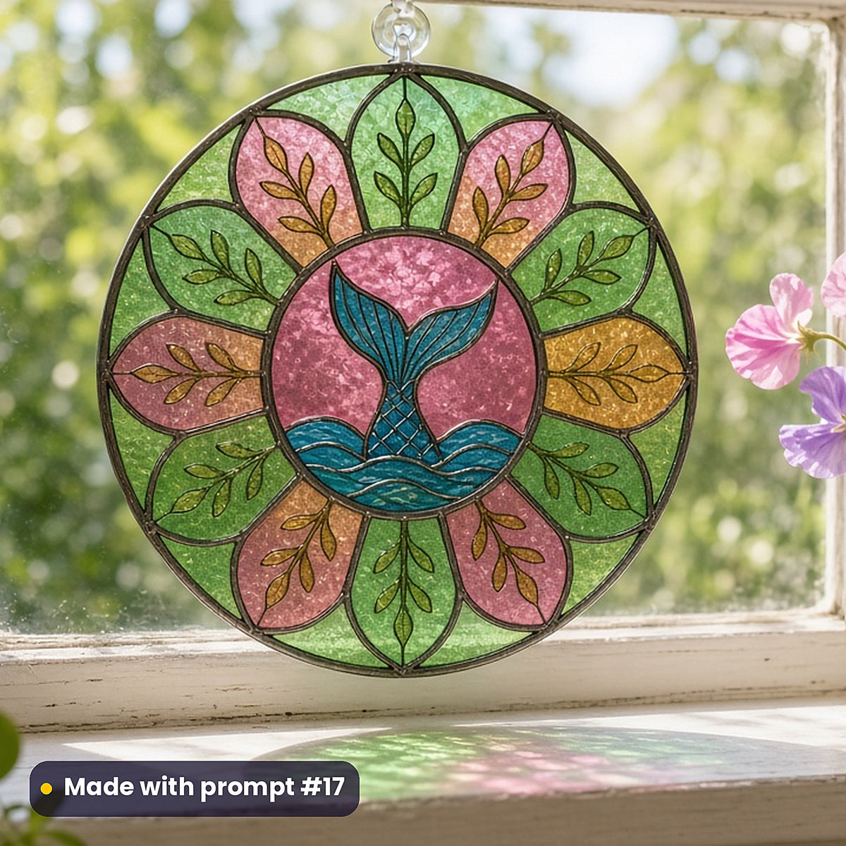 Mermaids Oceanic stained glass prompt pack: UV-printed acrylic suncatcher in a window mockup, made with prompt #17