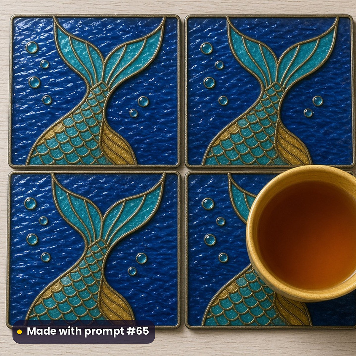 Mermaids Oceanic stained glass prompt pack: set of UV-printed glass coasters mockup, made with prompt #65