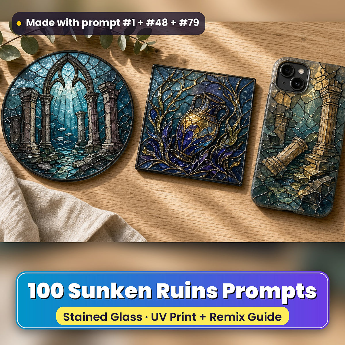 Sunken Ruins stained glass prompt pack: UV-printed suncatcher, coaster and phone case set mockup, made with prompt #1 + #48 + #79