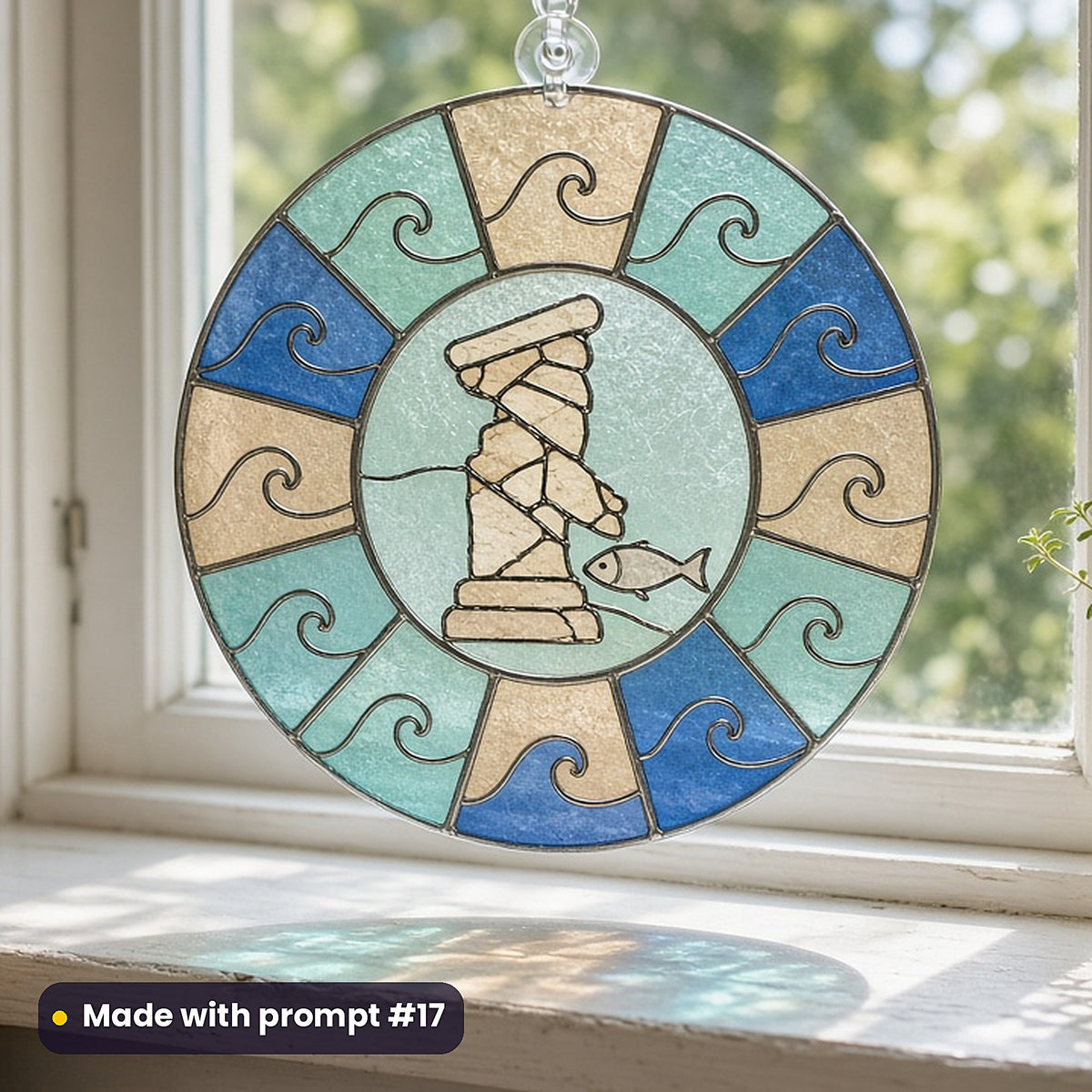 Sunken Ruins stained glass prompt pack: UV-printed acrylic suncatcher in a window mockup, made with prompt #17