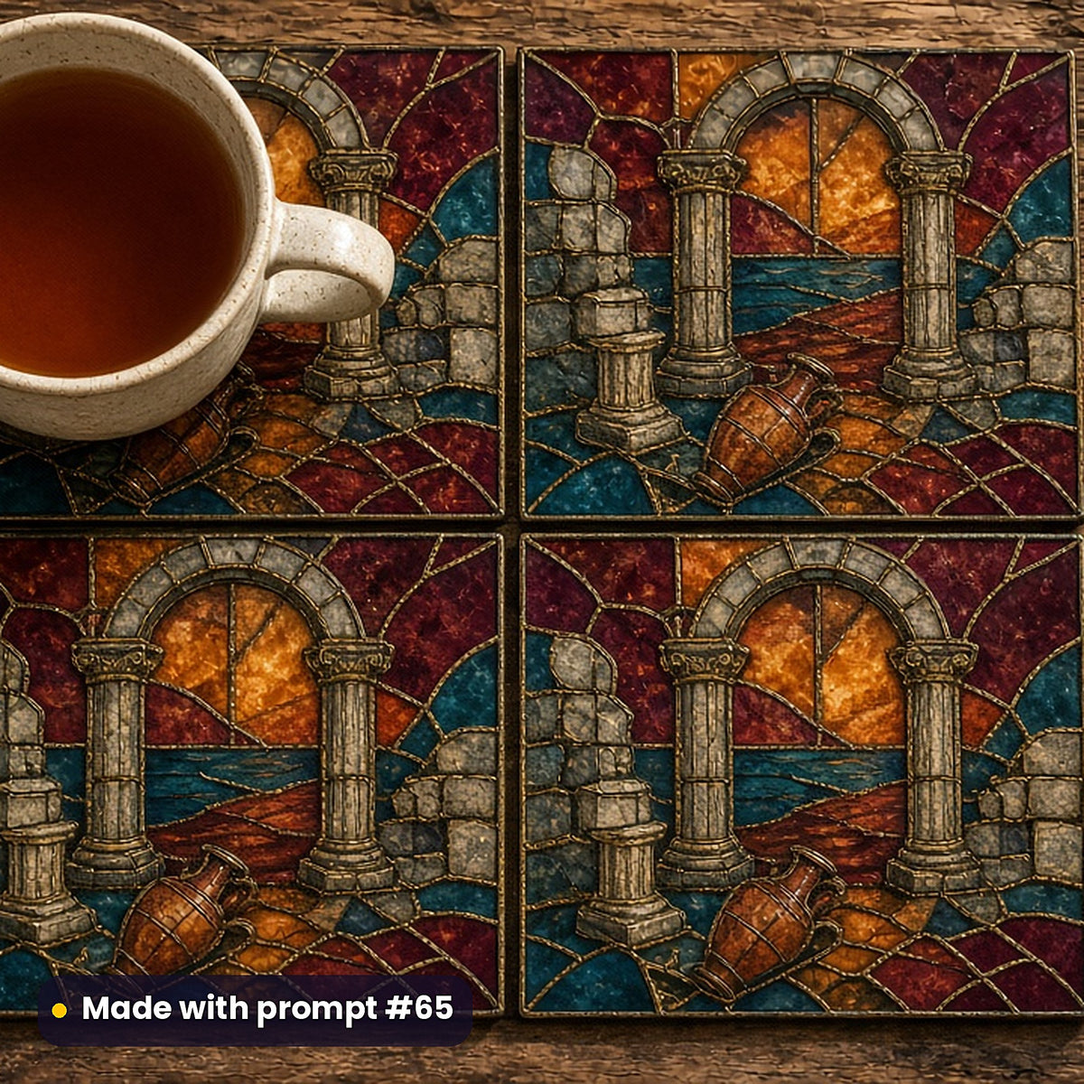 Sunken Ruins stained glass prompt pack: set of UV-printed glass coasters mockup, made with prompt #65