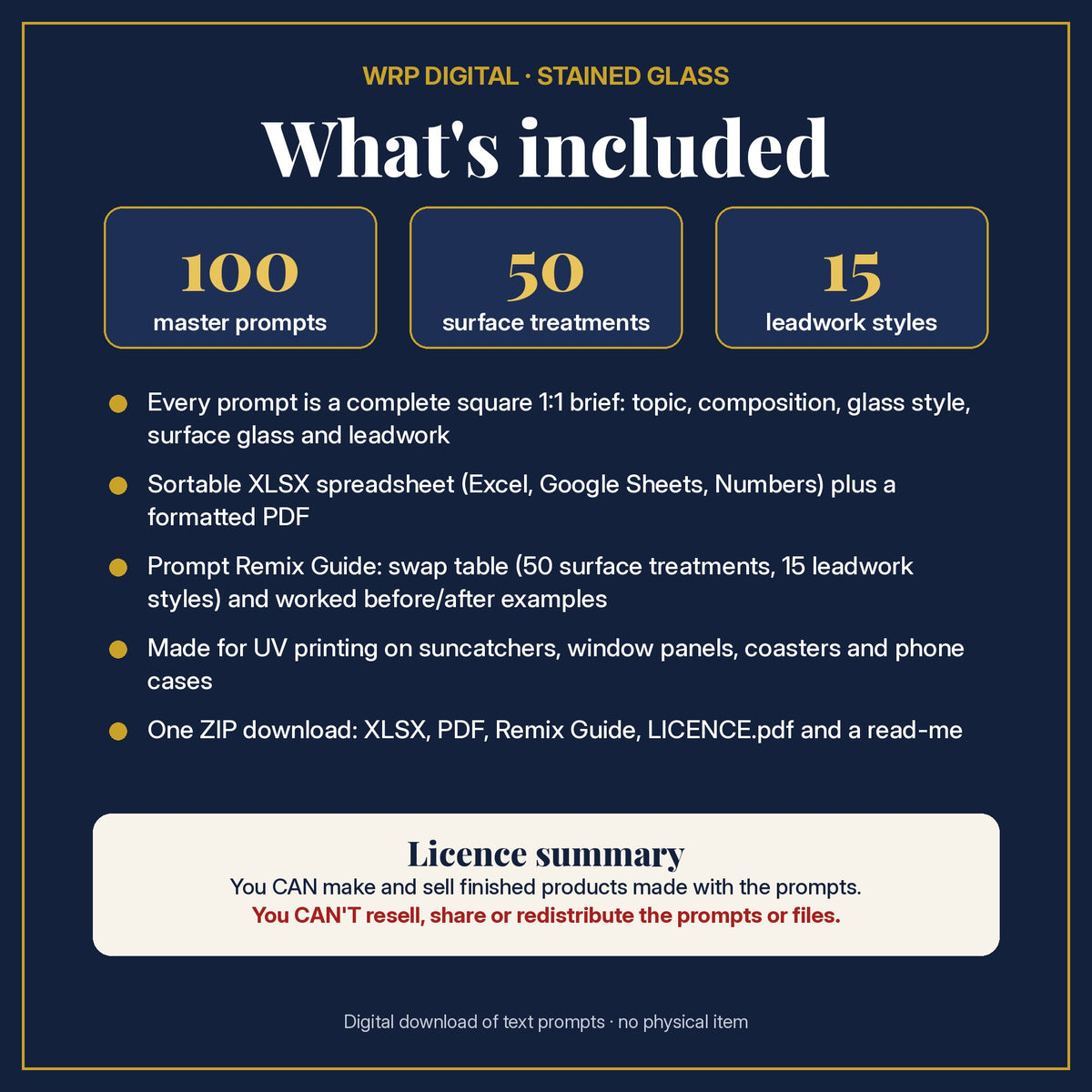 What's included in the Coastal Sunsets Stained Glass Prompt Pack: 100 master prompts, 50 surface treatments, 15 leadwork styles, XLSX and PDF, Prompt Remix Guide and licence summary