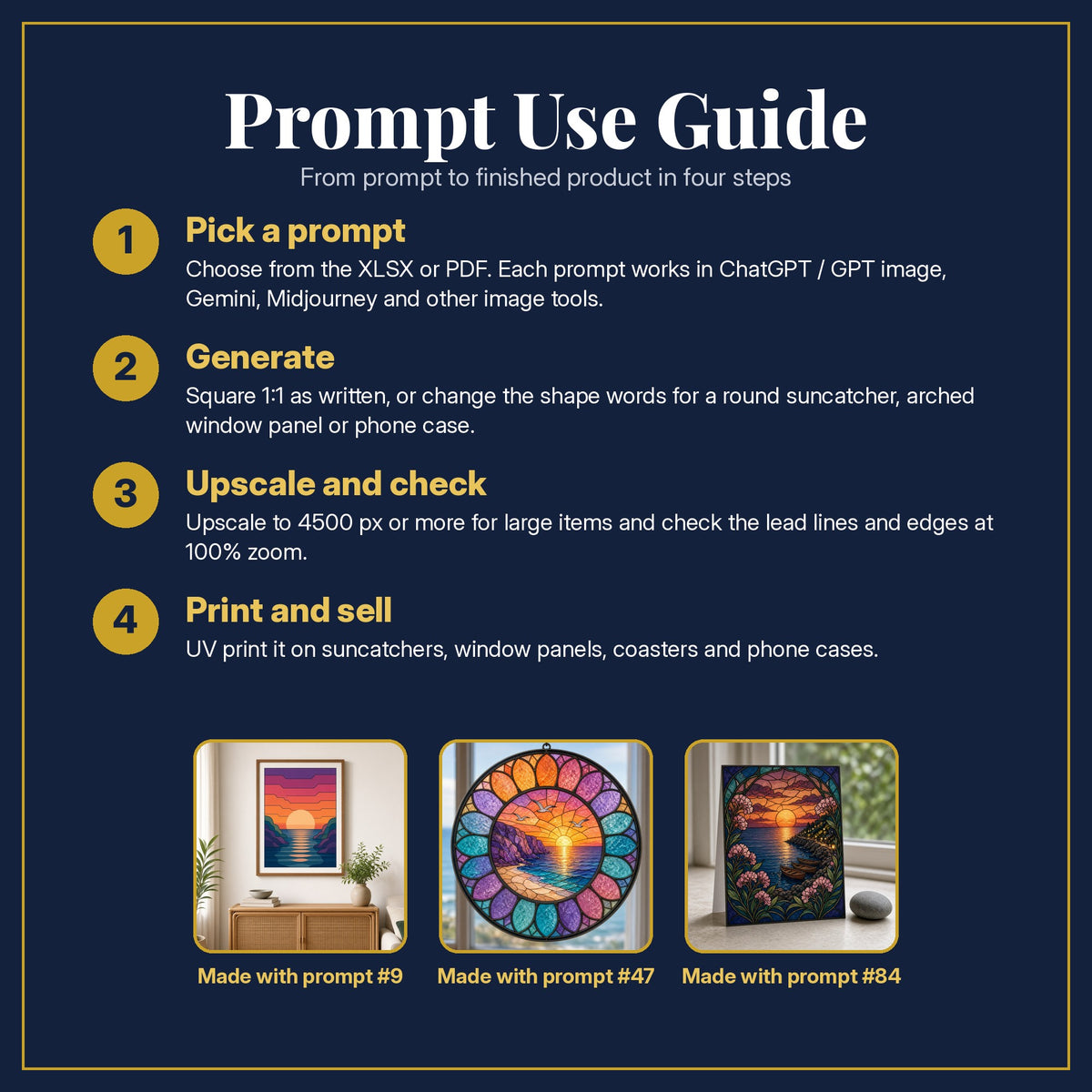 Prompt Use Guide for the Coastal Sunsets Stained Glass Prompt Pack: pick a prompt, generate, upscale and check, print and sell, with sample products made with the pack's prompts