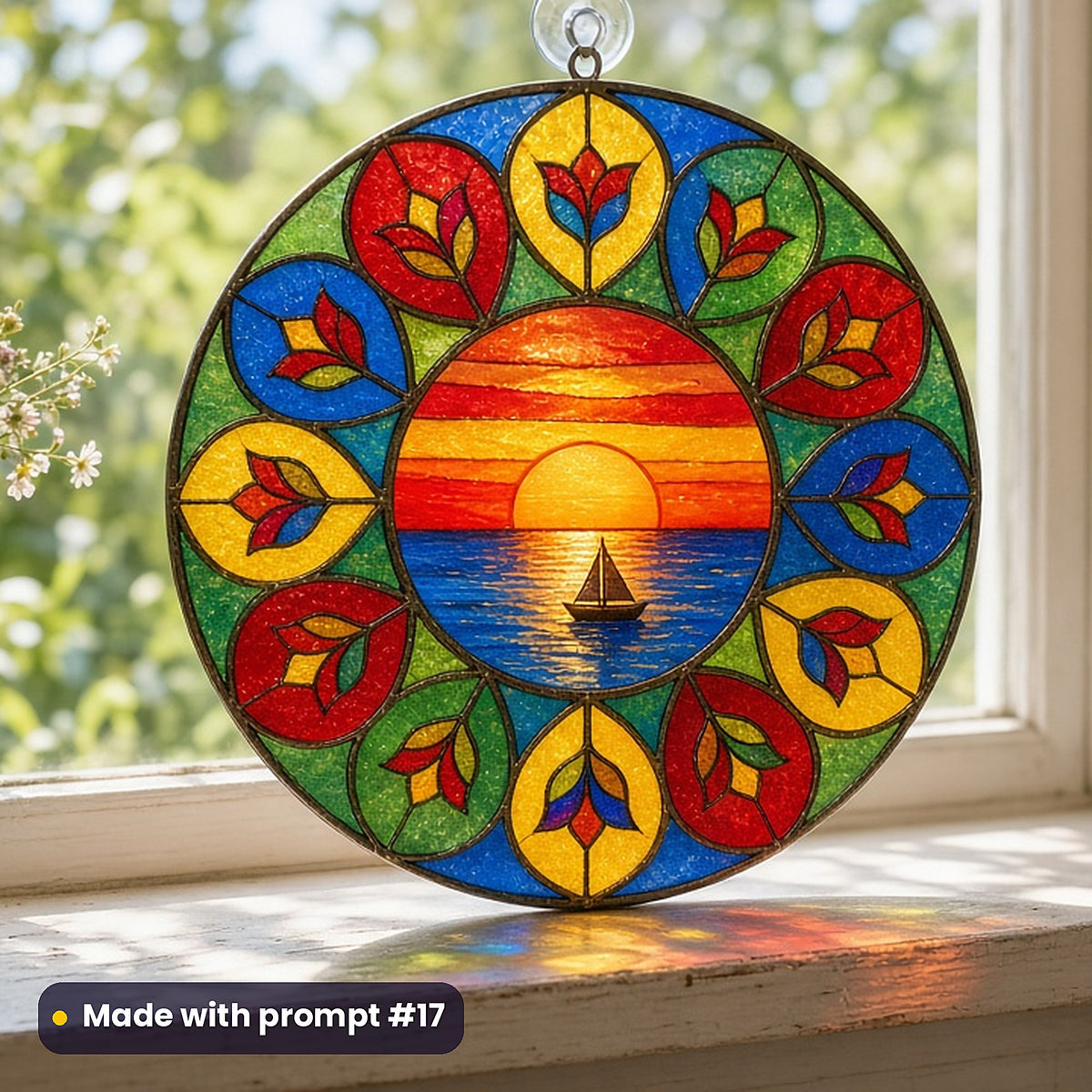 Coastal Sunsets stained glass prompt pack: UV-printed acrylic suncatcher in a window mockup, made with prompt #17