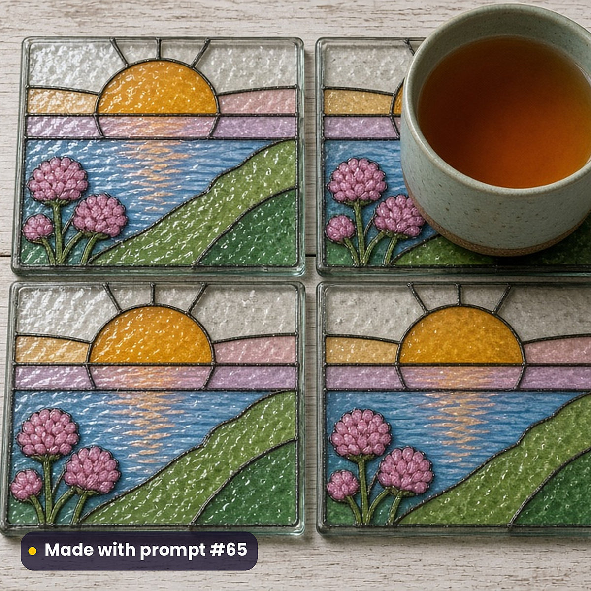 Coastal Sunsets stained glass prompt pack: set of UV-printed glass coasters mockup, made with prompt #65