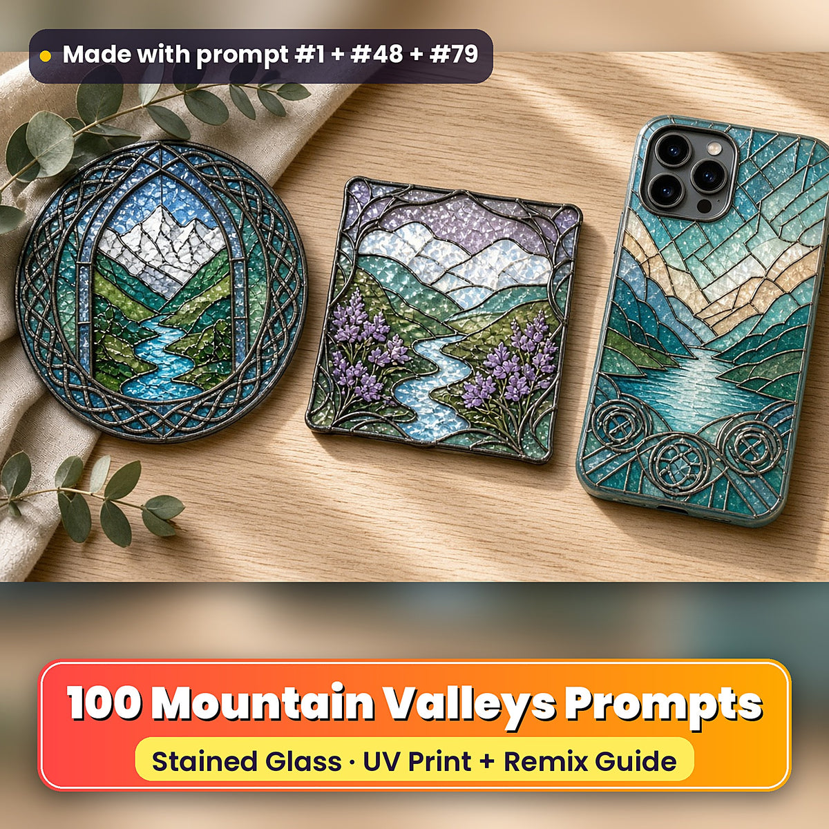 Mountain Valleys stained glass prompt pack: UV-printed suncatcher, coaster and phone case set mockup, made with prompt #1 + #48 + #79