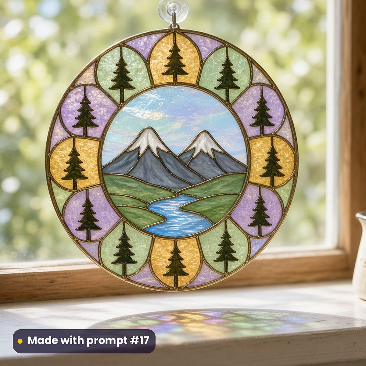 Mountain Valleys stained glass prompt pack: UV-printed acrylic suncatcher in a window mockup, made with prompt #17