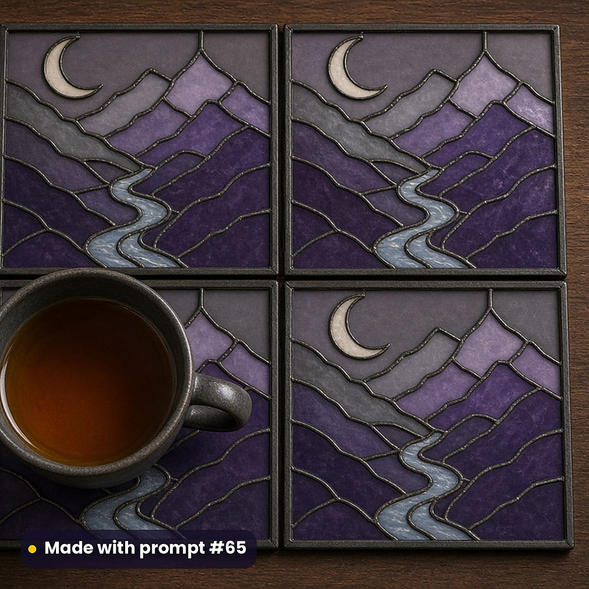 Mountain Valleys stained glass prompt pack: set of UV-printed glass coasters mockup, made with prompt #65