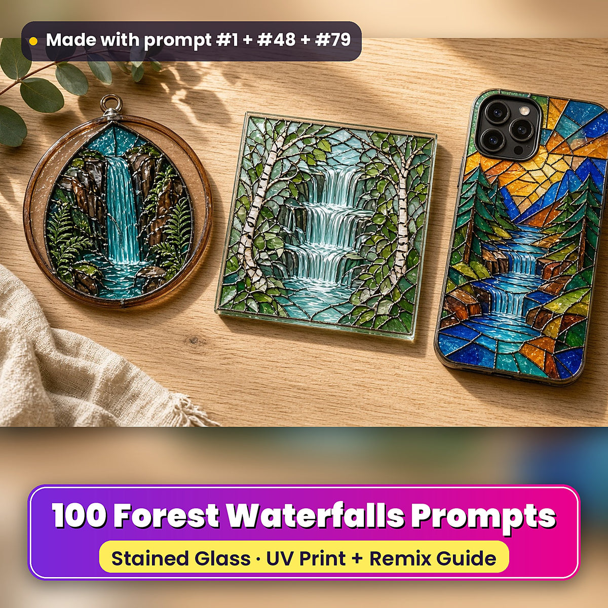 Forest Waterfalls stained glass prompt pack: UV-printed suncatcher, coaster and phone case set mockup, made with prompt #1 + #48 + #79