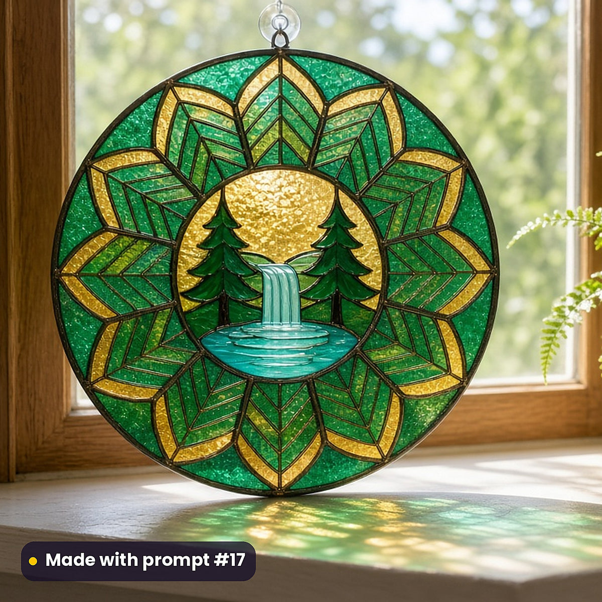 Forest Waterfalls stained glass prompt pack: UV-printed acrylic suncatcher in a window mockup, made with prompt #17