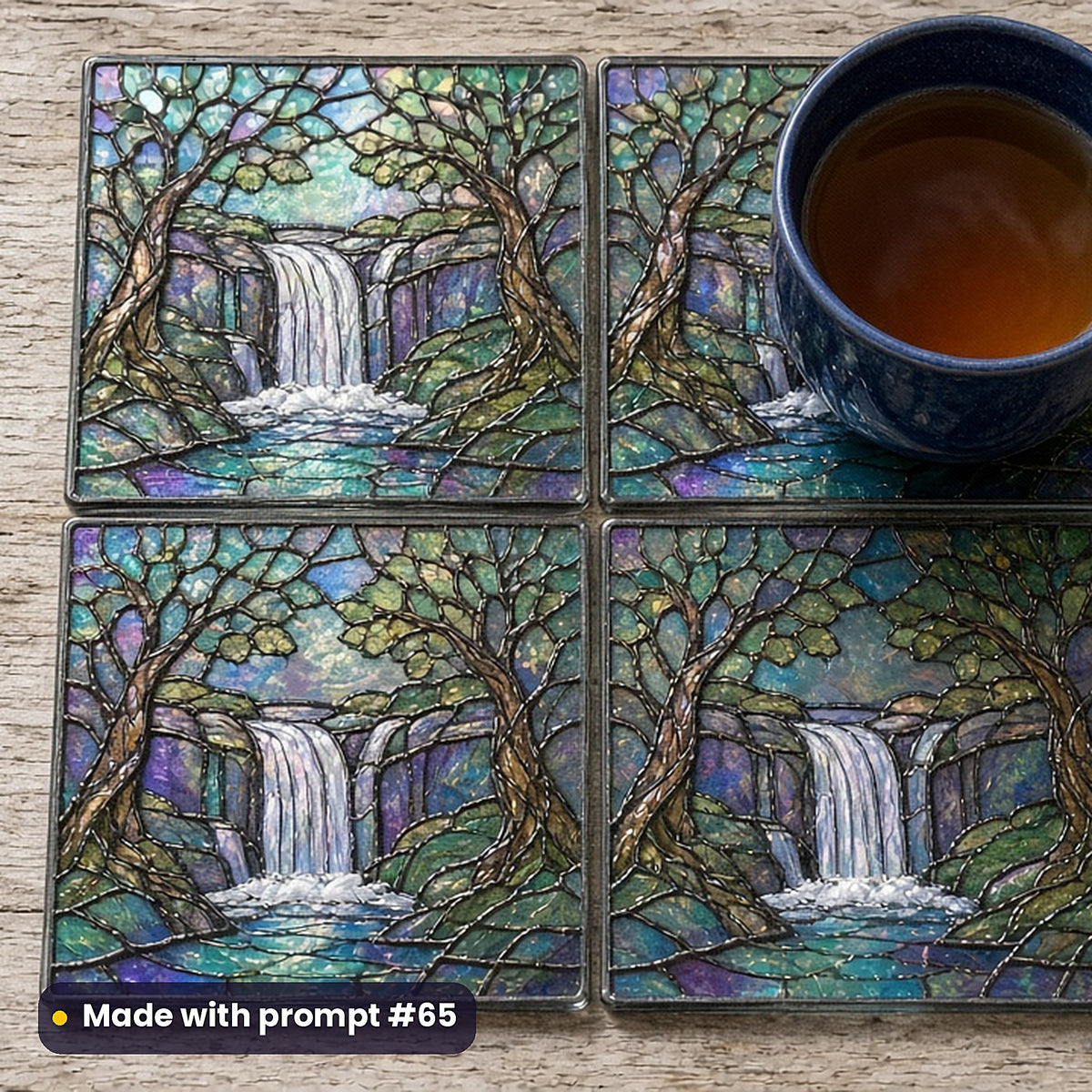 Forest Waterfalls stained glass prompt pack: set of UV-printed glass coasters mockup, made with prompt #65