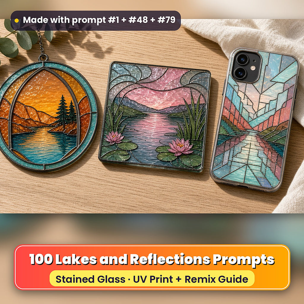 Lakes and Reflections stained glass prompt pack: UV-printed suncatcher, coaster and phone case set mockup, made with prompt #1 + #48 + #79