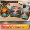 Lakes and Reflections stained glass prompt pack: UV-printed suncatcher, coaster and phone case set mockup, made with prompt #1 + #48 + #79